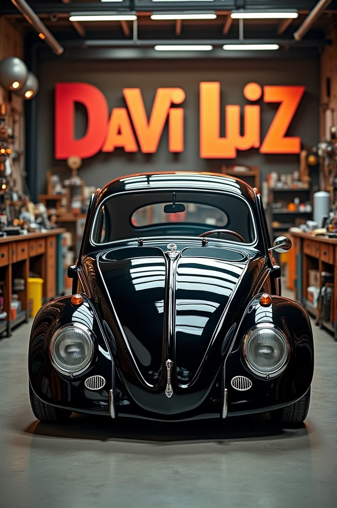 Creating a black beetle inside the mechanic's workshop, on the side, big letters written "DAVI Luiz "