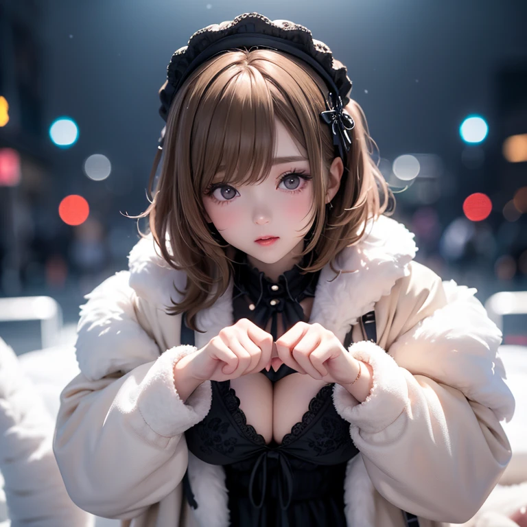 Starry eyes, it looks even more beautiful than immortal, ahoge, hair, Star-shaped pupils, amber eyes, colored contact lenses, blush, high detail, anime, romanticism, modern, Gothic art, anime style, Cinema Lighting, Ray tracing, rye movement, Close-up, Sony FE GM, uhd, high detail, top quality, 8 K, big breasts, light brown hair, It has, two tails, clean fingers, well-shaped fingers, long jacket, tape, a secret, knitted It has, snow, anger, impatience