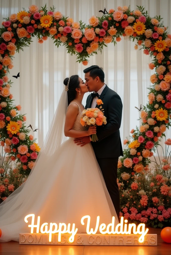 Real couple pinay Pinoy wedding with name wall "Happy wedding Domingo & Contreras" background flowers shape Heart baloons butterflies from camera looking