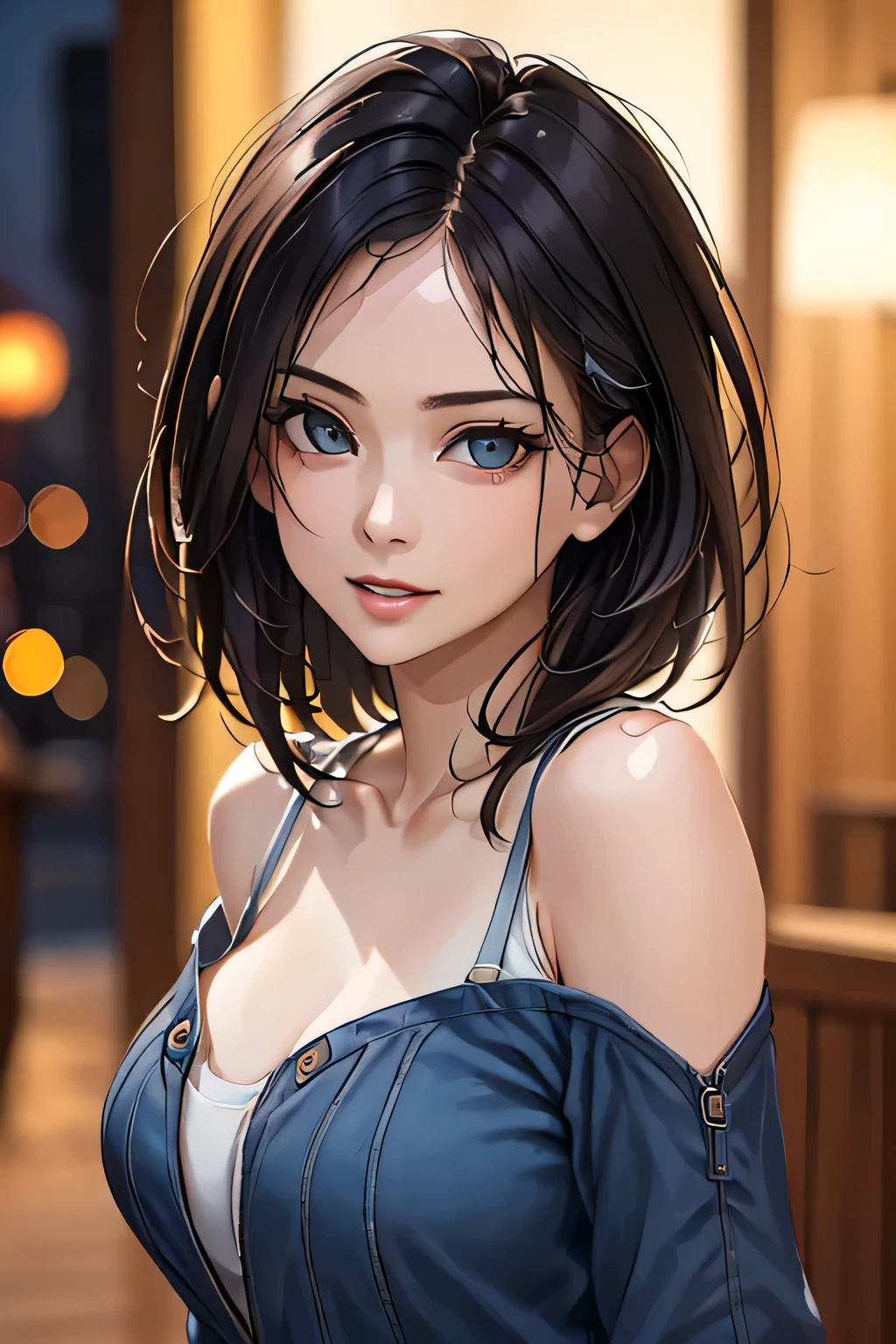 (highest quality, 8k, 32K, masterpiece), (Realistic), (Realistic:1.2), (High resolution), (night:1.7), Japan, cyber punk, City View, In front of the window,Wooden floor, 
Blue jacket, Grey Shirt, clavicle, jewelry, gem, Brunette Bob, 
1 female, 45 years old, beautiful Finger, beautiful long legs, beautifulbody, beautifulNose, beautifulcharacter design, Perfect Eyes, perfectface, Expressive eyes, View your viewers, Center the image, (upper_body), (Focus on her face),
Official Art, Very detailed CG Unity 8k wallpaper, Perfect lighting,Farbeful, bright_front_face_Lighting,Glowing Skin,
(masterpiece:1.0),(Highest_quality:1.0), 超High resolution,4K,Very detailed,
photograph, 8k, High resolution, High resolution, absurdes:1.2, 400 for Kodak Port, Film Grain, Blurred Background, bokeh:1.2, Lens flare, (Vibrant_Farbe:1.2)
(beautiful,chest), (beautiful_face:1.5),(narrow_Waist),