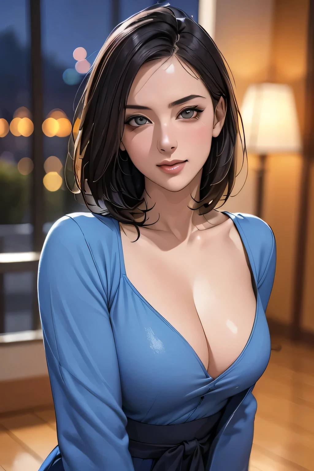 (highest quality, 8k, 32K, masterpiece), (Realistic), (Realistic:1.2), (High resolution), (night:1.7), Japan, cyber punk, City View, In front of the window,Wooden floor,
Blue jacket, Grey Shirt, clavicle, jewelry, gem, Brunette Bob,
1 female, 45 years old, beautiful Finger, beautiful long legs, beautifulbody, beautifulNose, beautifulcharacter design, Perfect Eyes, perfectface, Expressive eyes, View your viewers, Center the image, (upper_body), (Focus on her face),
Official Art, Very detailed CG Unity 8k wallpaper, Perfect lighting,Farbeful, bright_front_face_Lighting,Glowing Skin,
(masterpiece:1.0),(Highest_quality:1.0), 超High resolution,4K,Very detailed,
photograph, 8k, High resolution, High resolution, absurdes:1.2, 400 for Kodak Port, Film Grain, Blurred Background, bokeh:1.2, Lens flare, (Vibrant_Farbe:1.2)
(beautiful,chest), (beautiful_face:1.5),(narrow_Waist),