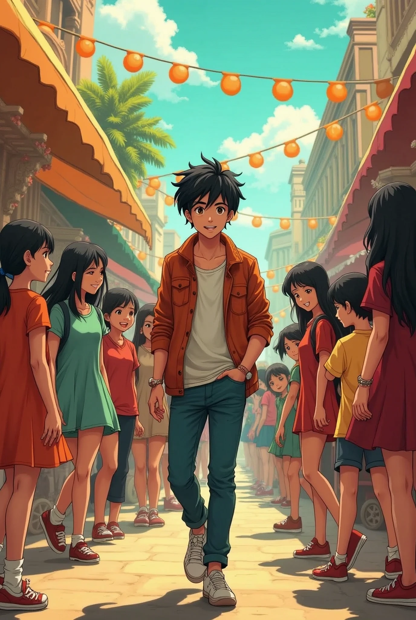 Create a anime style landscape image. In a bustling Indian street, a young man navigates through the lively crowd of girls who surround him, yet he remains focused and indifferent to their attention. The scene captures the contrast between the vibrant, engaging surroundings and his calm, composed demeanor as he continues on his path, unfazed by the commotion around him.