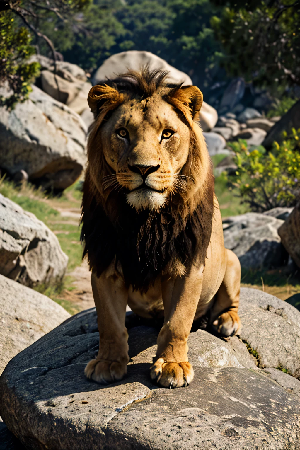 make a totally realistic image of a lion with one paw on a rock in png format
