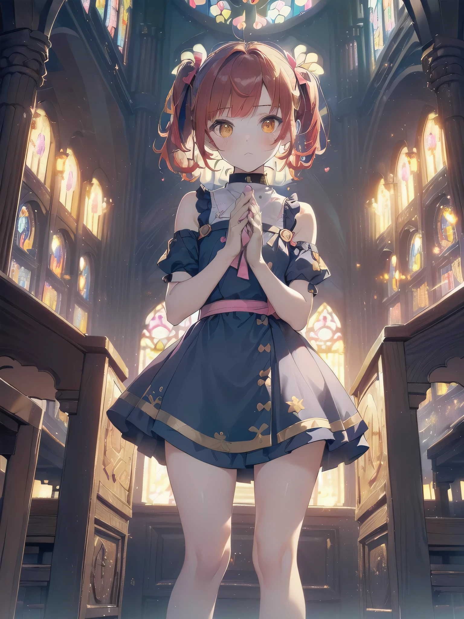 ((top quality, ultra-detailed, high resolution, extremely detailed CG, unity 8k wallpaper, by famous artist, perfect anatomy, super detailed skin, cinematic lighting, UHD, retina, anatomically correct, 1080P)), (Please draw a single one girl praying to God in a Christian church:1.3), ((1girl)), (Solo, face,13-year-old:2.0), a junior high school student, ((cute petit girl, chibi, babyface)) androgynous charm, (Medium hair, ((full red hair)) ((redhead)), pigtails, straight bangs, with a bow in her hair, ((very thin legs)), ((skinny legs, thin body, small build)), Full limbs, complete fingers, ((perfect fingers and hands)), flat chest, small breasts, childish body, small butt, groin, Beautiful detailed full yellow gold eyes, perfect eyes, ((cute kawaii blue and pink dress)) (Detailed Lighting), (christian church background)), (Detailed scenary background), (praying to God)), full body view, Cute, kawaii single girl (one girl), full body shot, ((little young 13 years old body:1.3))
