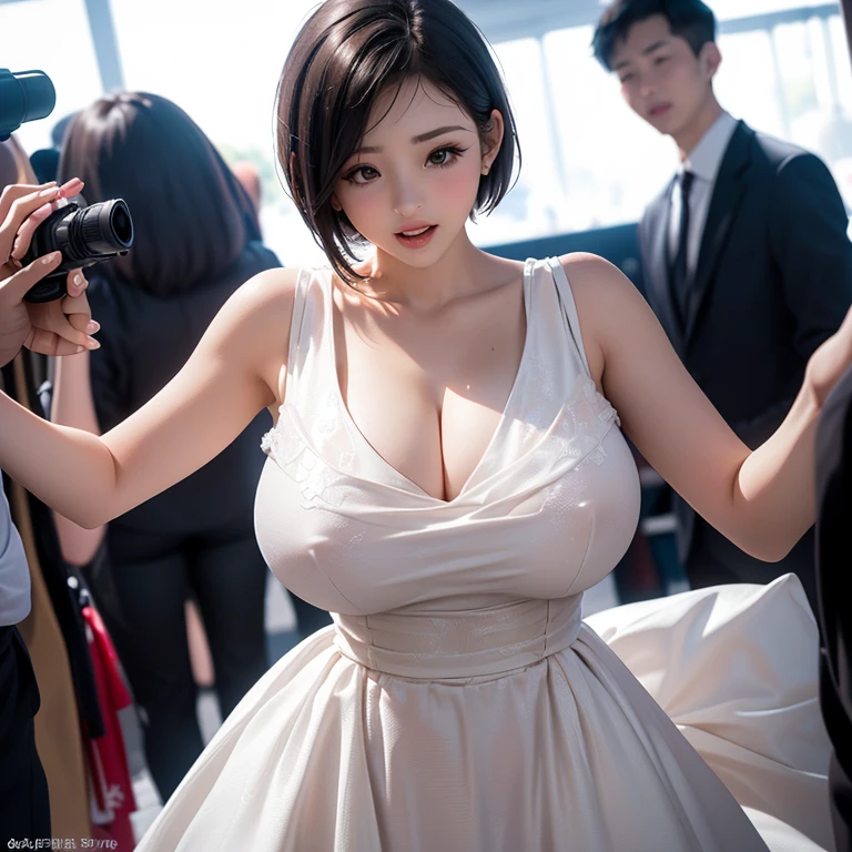 Best quality, 1 girl, (dent in the skin), (huge breasts:1.2), (background blur:0.6), in a crowded amusement park, (everyday, but stylish, elegant fabric,fЛораl dress:1.5 ), fabulous, (short hair:1.5), soft lighting, wind, (Front light:1.5), surprised,