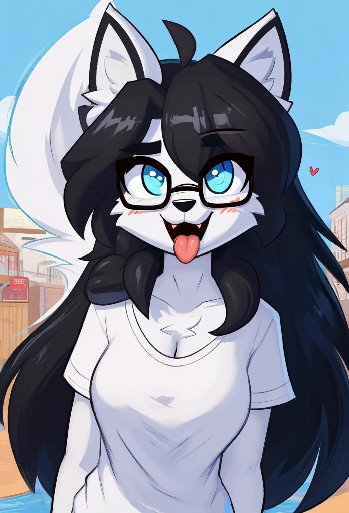 (por wamudraw, by Burgerkiss, em terans, por freeedon, by Kilinah, de Coffeesoda, by hioshiru, by Kilinah)standing alone, punctuation_9,punctuation_8_High above,punctuation_7_High above, a young furry Anthro wolf nerd,sexly,,white wolf ears,,Female One,a young she-wolf, wolf muzzle,white wolf ears, white hairy body, A little high, long messy black hair,long hair, Bblack hair, white wolf tail, black glasses, blue colored eyes, white wolf ears, white wolf tail, breasts small, wearing a red t-shirt, short preto ,,He would be,fly away,portraits,unexpressive,close up looking forward,white ear,Icons,high qualiy,ahegao,excitado