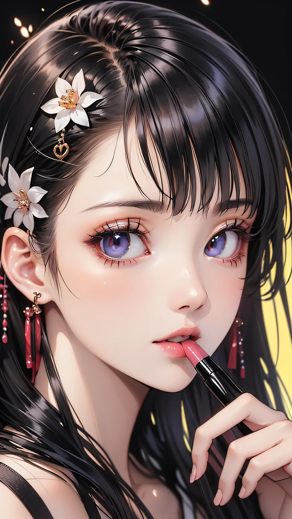 Beautiful woman paints her lips with lipstick. Beautiful woman face, The finer details, high quality, high quality. Vivid and True Colors  