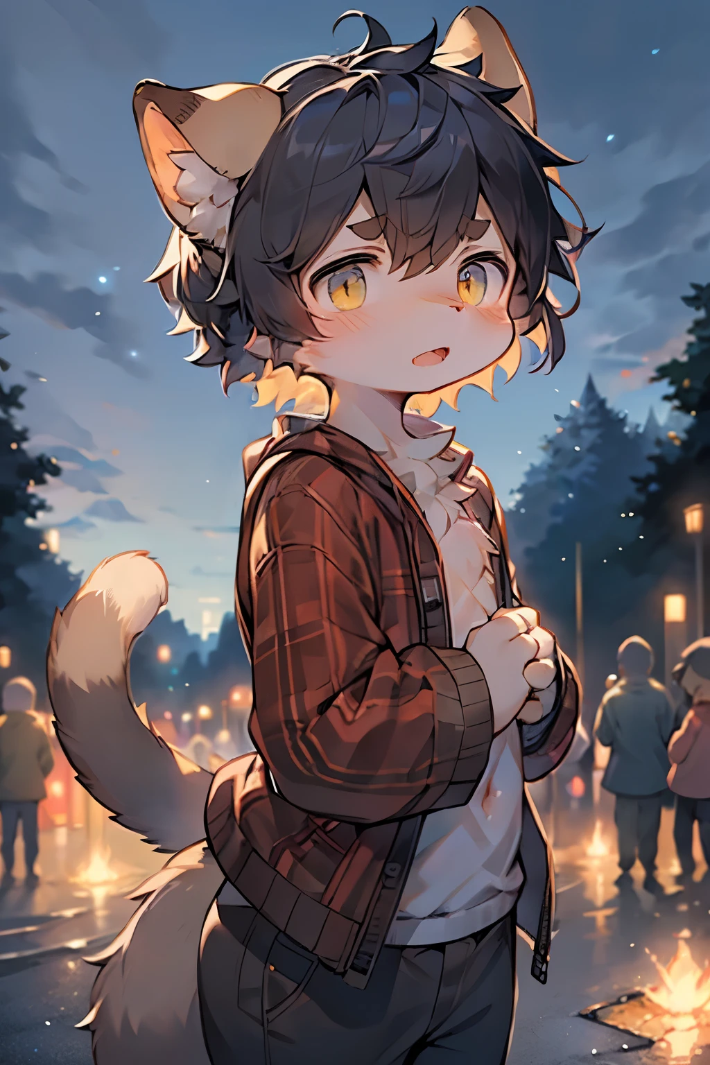 Tortoiseshell cat girl,perfect quality, angry, blush, Standing on the riverside street next to the village, Put your hands on your chest, Looking at the audience, No gloves. short hair blowing in the wind, Simple blue background, low-angle view looking down, a bright flash of lightning.