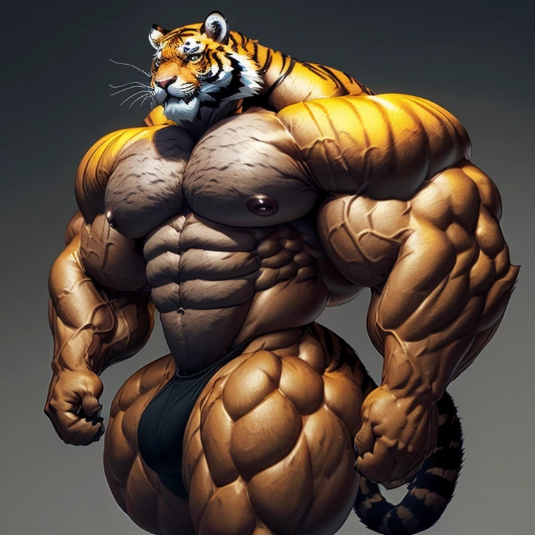 hyper growth, hyper muscles, furry growth, A furry man, tiger, shirtless, exaggeratedly huge and muscular, on a gray background