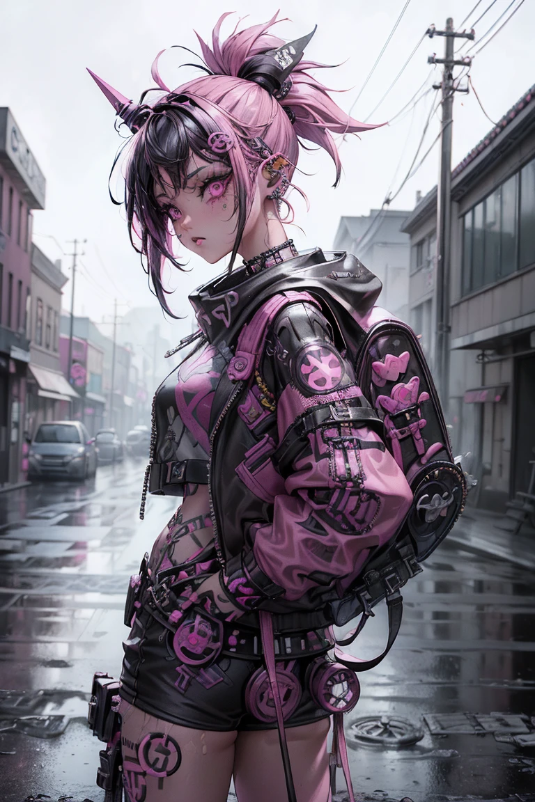 (Highest quality、8k、32K、masterpiece、Hmph:1.3)、(Photorealistic:1.4),(Shoot from the front,View your viewers:1.5)、18-year-old punk girl,Unusual punk hair,((Pink and black punk fashion:1.5)),Studded clothing、headphone,Electric guitar(1 .5)、Black backpack on the back、(Bright black and pink hair:1.5),Wacky makeup、、Dark Background、A desolate town soaked in rain、Puddles on the road、(Cinema Lighting)、Written boundary depth,Blurred Background、