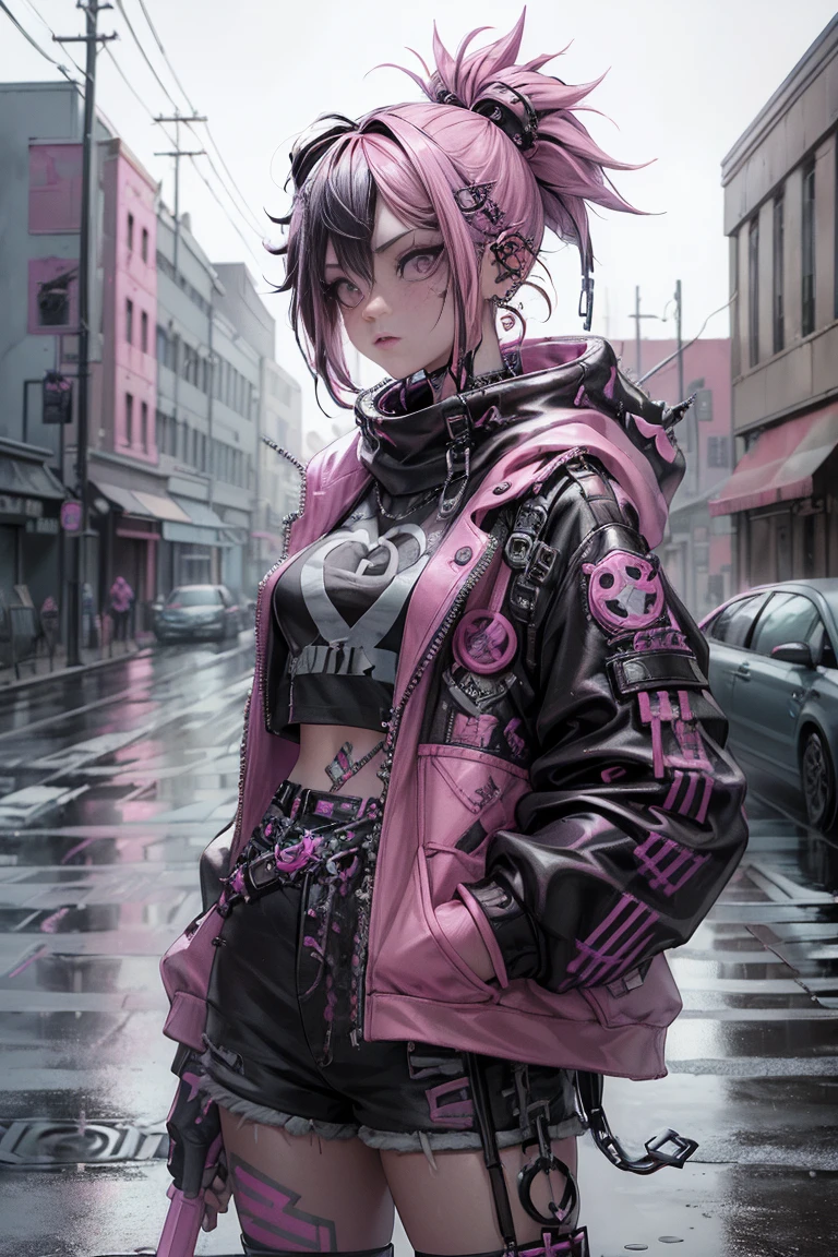 (Highest quality、8k、32K、masterpiece、Hmph:1.3)、(Photorealistic:1.4),(Shoot from the front,View your viewers:1.5)、18-year-old punk girl,Unusual punk hair,((Pink and black punk fashion:1.5)),Studded clothing、headphone，Electric guitar(1 .5)、Black backpack on the back、（Bright black and pink hair:1.5）,Wacky makeup、、Dark Background、A desolate town soaked in rain、Puddles on the road、(Cinema Lighting)、Written boundary depth,Blurred Background、