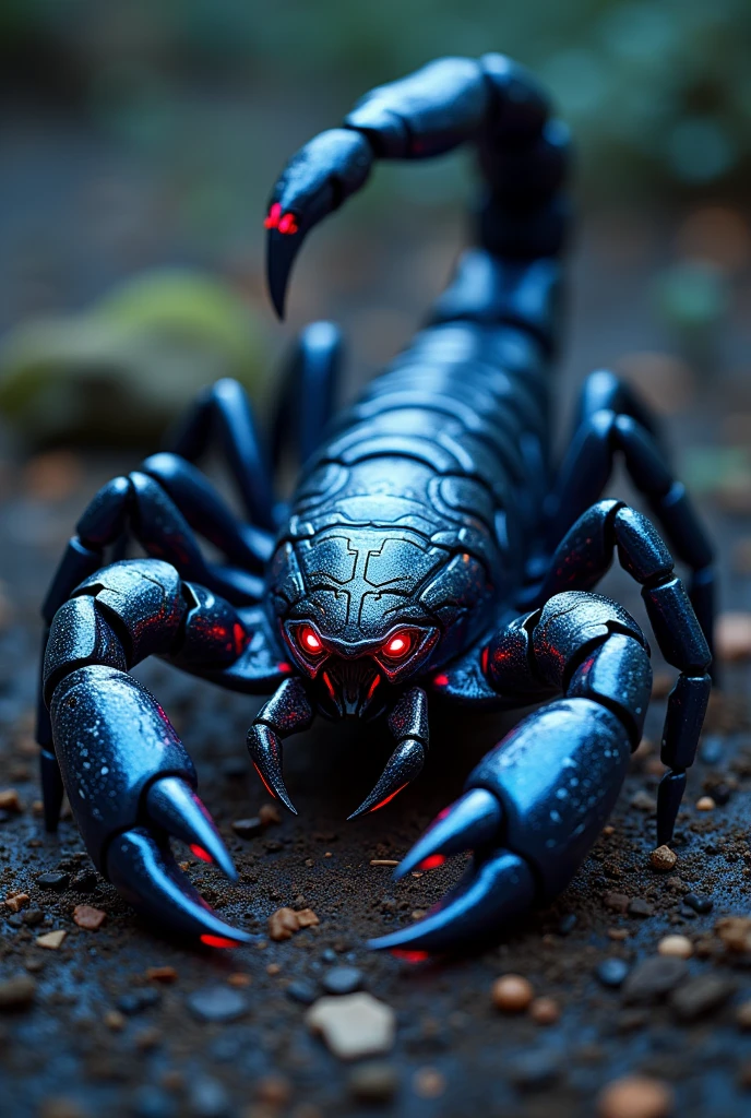 A Scorpio, a metallic exoskeleton with technological details. Its body and tail would subtly form the number 8, representing continuity and repetition. The claws would be large and powerful, symbolizing control and strength, while its bright eyes would reflect vigilance and cunning, in a competitive posture. With dark colors and neon details