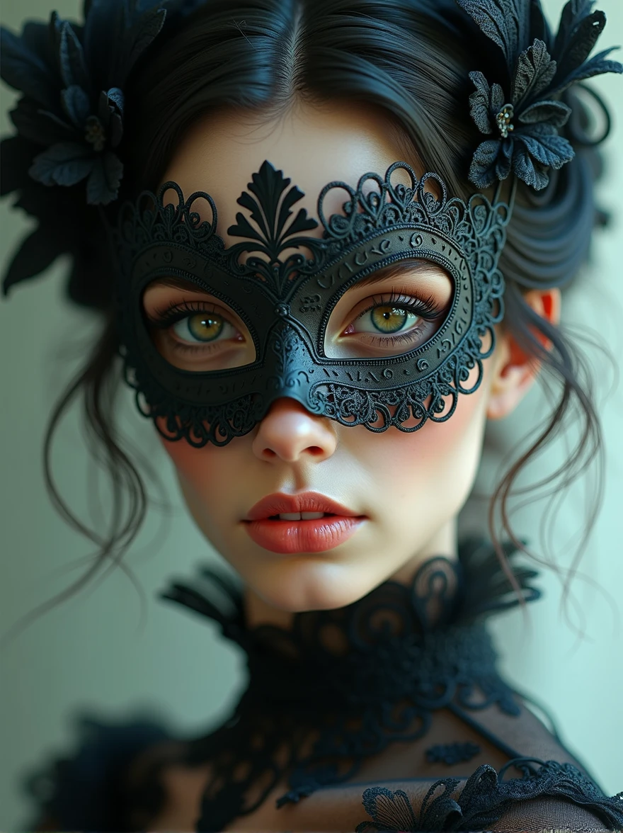 a close up of a woman wearing a mask, dreamy gothic girl, elegant render, half body photo, mistress, photoshop render, ebony rococo, elegant girl, female spy, haunting beautiful young woman, detailed face, extravagant dress, beauty girl, very femenine