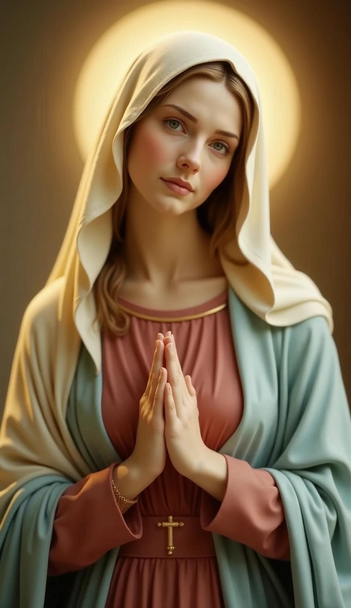 Very beautiful Virgin Mary, looking at the camera, Expression in love, Halo, A very slight smile, Reddish beige tunic with light blue cloak and veil
