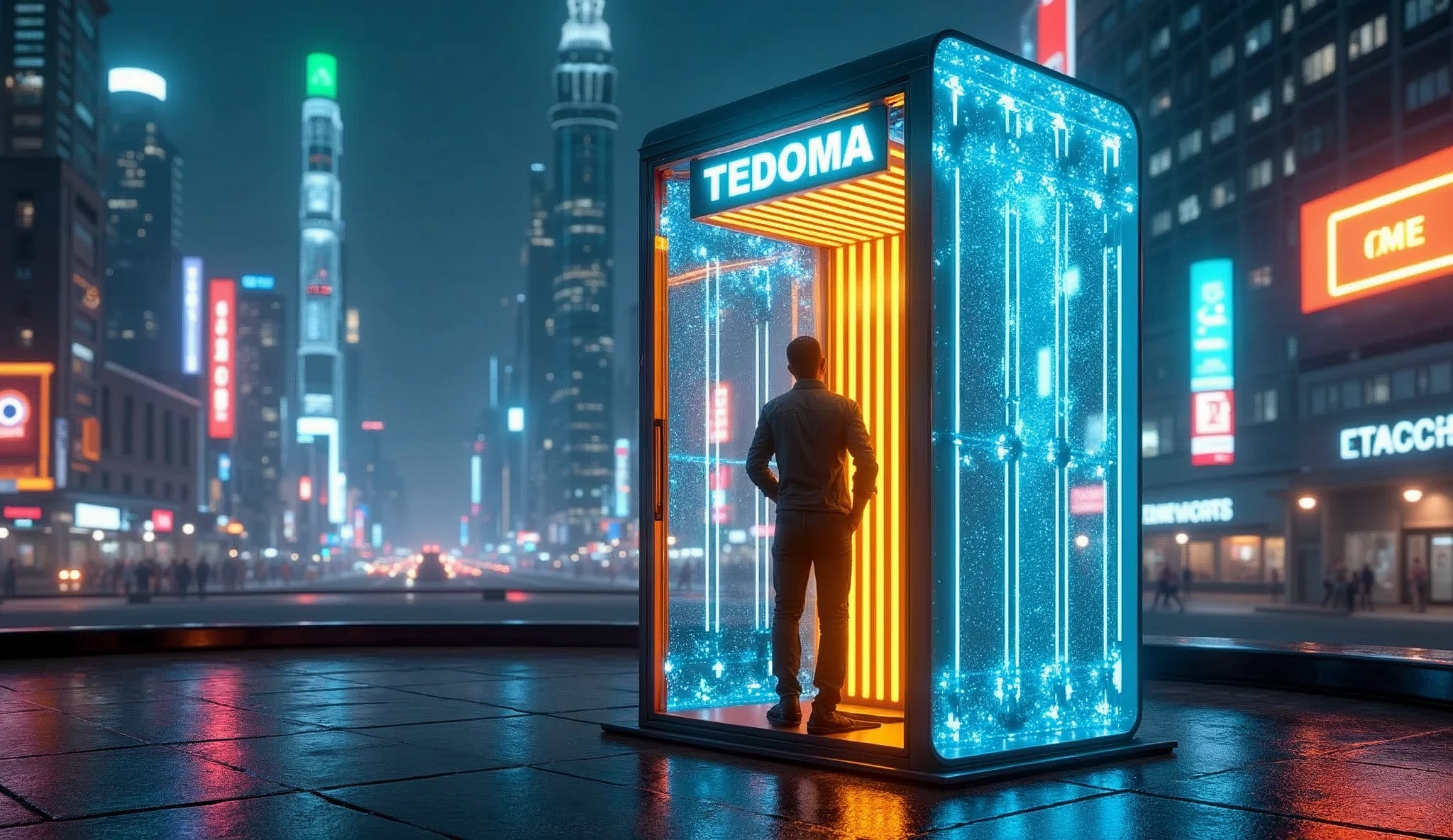 There is a phone booth in a futuristic city, written on the booth: TEDOMA, positioned on the right corner of the image,  contrasting colours, rendered in keyshot, futuristic cabins, cabine no estilo TRON LEGACY, lights in blue and golden colors, cabin made of glass, transparent cabins, cyberpunk, Time Machine, represented as a 3D rendering, 3D rendering beep, promotional rendering, sci-fi magic highly detailed.