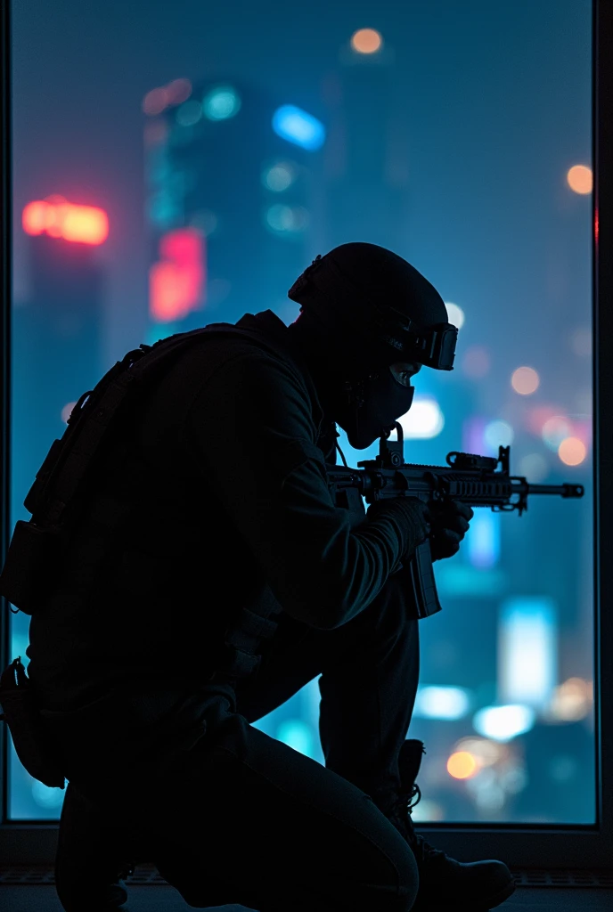 A man in a military uniform. Wearing a full mask that only his eyes are visible to see. Only make him see half upper body and make him kneel and holding a M4P gun. Make the background in the balcony building with lots of city lights. And make his eyes focus on the target while laying on the floor. As if more like a assassination attempt. More upclose, but only focus on his eyes and the gun he is holding. ONLY SEE HIS BUST UP POSITION, no legs in the picture.