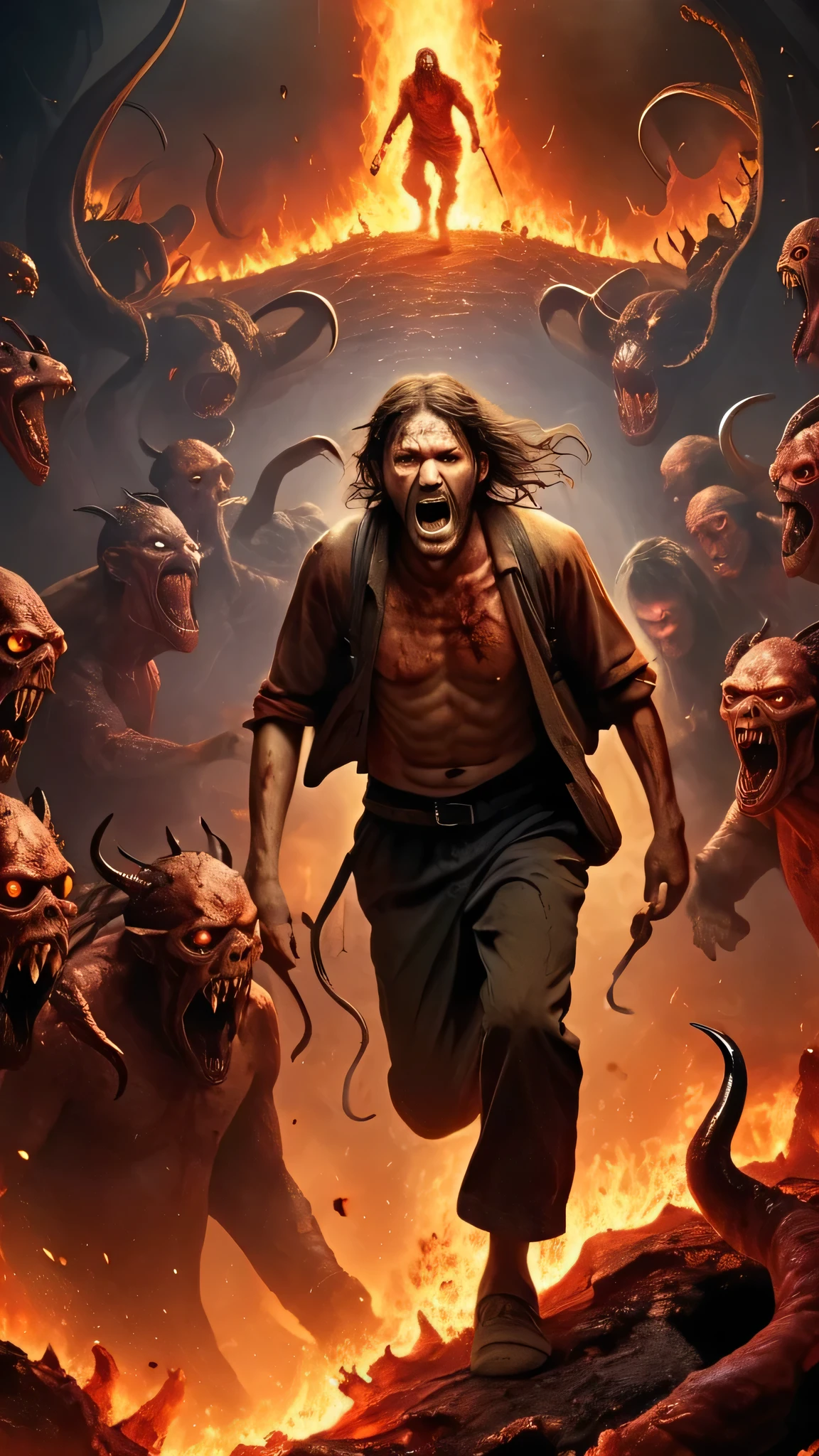 People lost in the abbys of hell, creatures around him, high quality picture, run down world