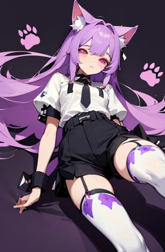 Garter attached shorts: Shorts slightly larger in size、 Garter attached design。Garters stretch along the legs、Effective when combined with tights or leggings。 Colors are black and deep purple、Hidden cat paw print design。