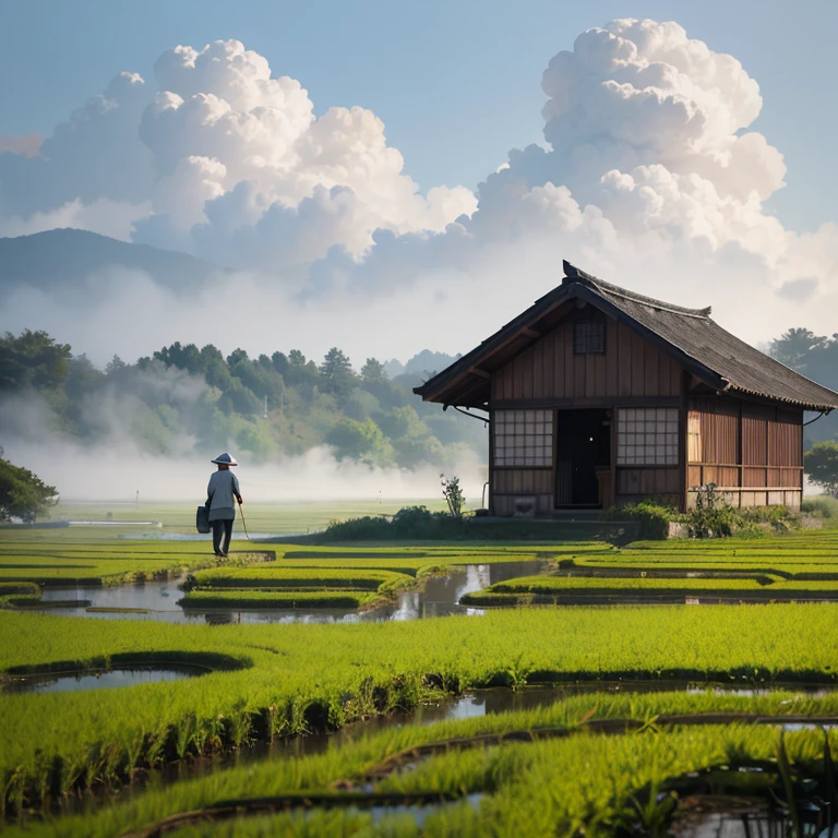 A man walks through a rice field., in the background is a hut with rice fields, rice fields, neat rice seedlings in the fields, fogy rain, villages, Agriculture, in a peaceful landscape, fogy weather, in a vast peaceful landscape, early morning, in the morning fog, behind a small village, fog, Japanese countryside, thatched roofs --v 6