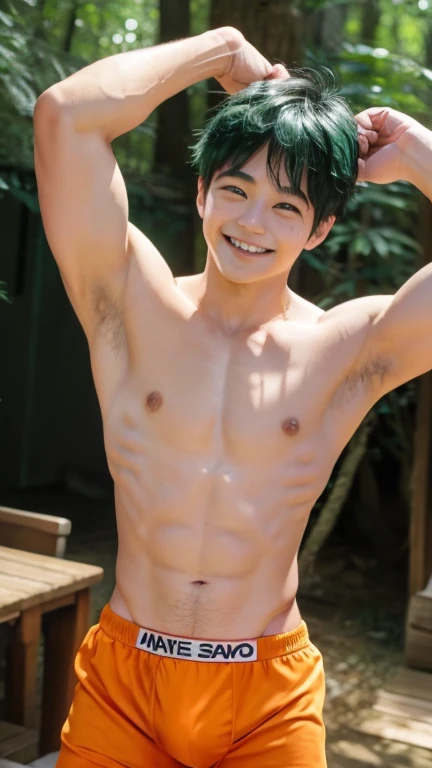 Japanese men、、Well-developed muscles and smooth skin、Fluffy, voluminous green hair、Light orange boxer briefs、You can see the whole body from head to toe.、Smiling softly and friendly、Hero Academy、Posing in the forest barn