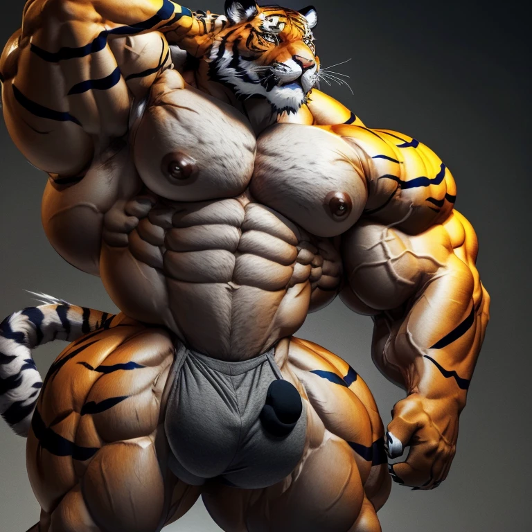 hyper growth, hyper muscles, Bulge, furry growth, A furry man, tiger, shirtless, exaggeratedly huge and muscular, on a gray background