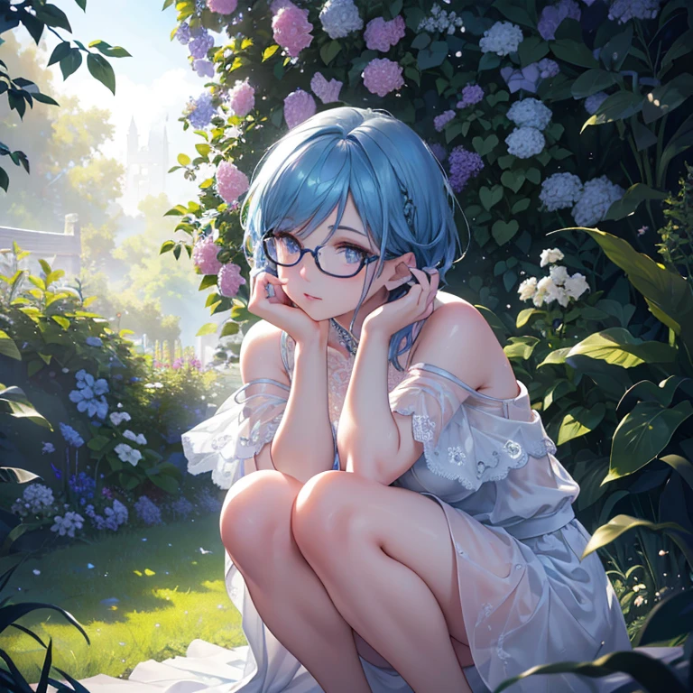 Beautifully detailed eyes, Beautifully detailed lips, Extremely detailed eyes and face, Long eyelashes, White dress, Wearing glasses, Blue hair, Short hair, Girl crouching in garden, Right arm hidden behind her back, Atmospheric lighting, Detailed foliage, Vibrant colors, (Highest quality, 4k, 8k, High resolution, Masterpiece: 1.2), Ultra detailed, (Realistic, Photorealistic, Photorealistic: 1.37), Complex background, Dreamy atmosphere, Cinematic lighting