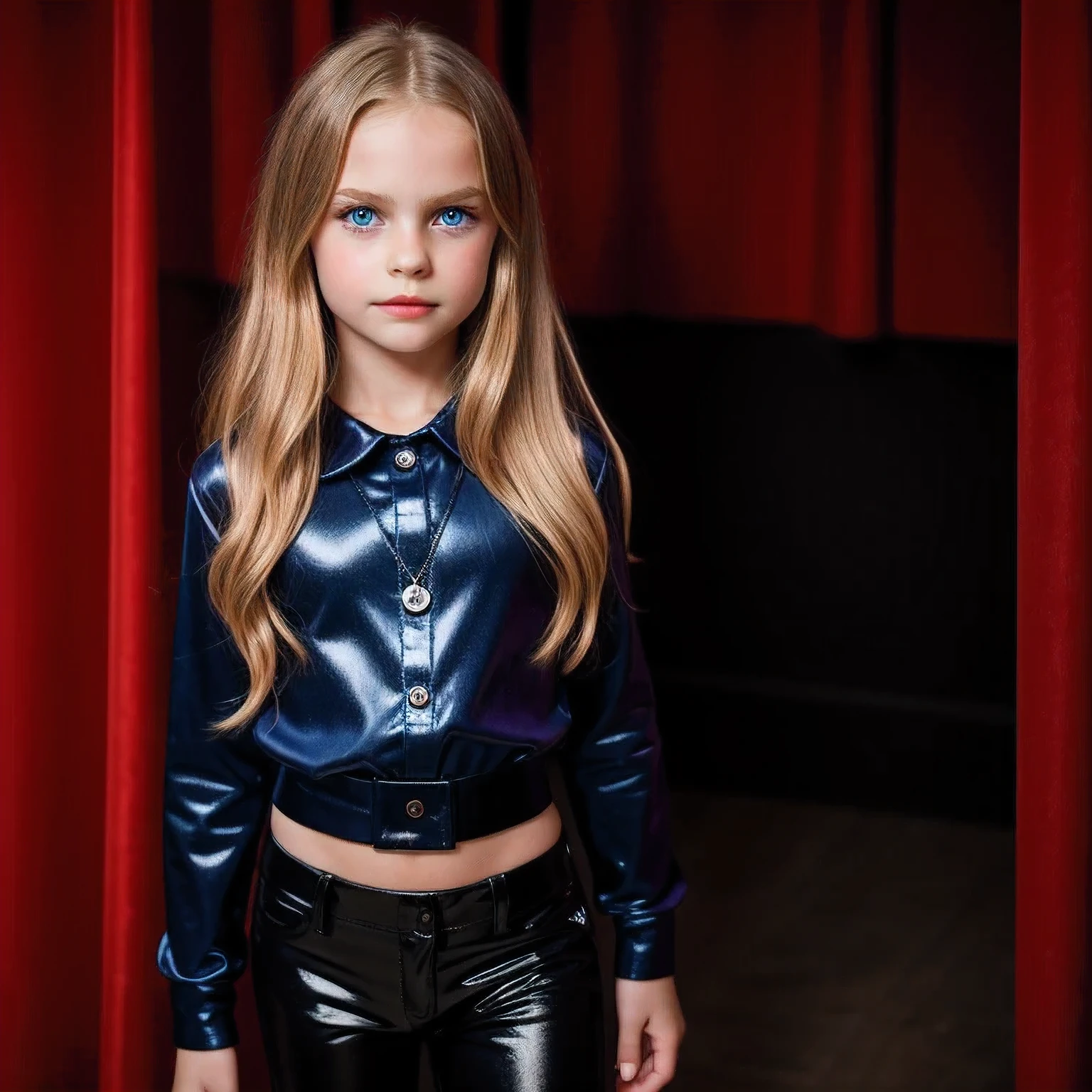 9 years old vampire, dark blue eyes and long blonde hair down to the waist, black with red clothes, shiny thighs, fundo studio 