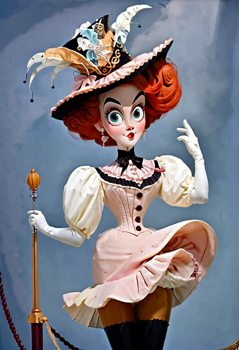 An attractive **** Southern belle. Upper-class airhead. Delicately holding a parasol with one hand and a handkerchief with the other, pinky fingers raised. Year 1897. Pink high-collar long sleeve 1890_dr3ss. ((Wide-brimmed black hat)). 6-inch wasp waist. Bubble butt sticking out. High-waisted ruffled ((bloomers. Petticoats. Thigh-high silk stockings. Boots)). Gorgeous face, porcelain skin. Full body, realistic, detailed