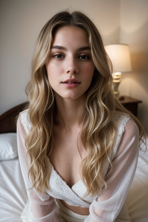 Photo of a 20 year old European woman, .GROSS, Beautiful woman, (extra long wavy blonde hair), ((Portrait)), ((detailed face:1.2)), ((detailed facial features)), (finely detailed skin), pale skin, purple hair, wrapped in a sheet, room environment, lying in bed, (cold color), damp, damp, Reflectors, (table top) (perfectly proportioned)(Des realistic photos)(Best quality) (detailed) photographed on a Canon EOS R5, Slow 50mm, F/2.8, nffsw, (8k) (wallpaper) (Cinematic lighting) (Dramatic lighting) (sharpness) (Complicated) ) fashion, From above