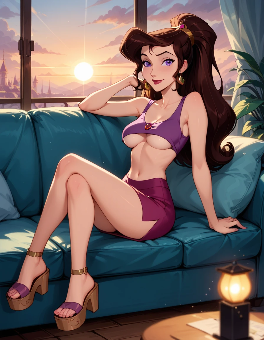 score_9, score_8_up, score_7_up, score_6_up, BREAK cinematic film still, solo, 1girl, BREAK (Disney's Megara, m_ra, brown hair, purple eyes, ponyail:1.4), wearing (tight short skirt and cropped tank top with wedge sandals, underboob:1.4), BREAK (dimly lit office:1.1), (sitting on casting couch:1.1), sexy smirk, (cinematic lighting:1.2),, (sunset:1.2), BREAK shallow depth of field, vignette, highly detailed, high budget, bokeh, cinemascope, moody, epic, gorgeous, film grain, grainy, perfect proportions.