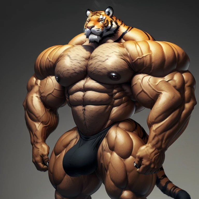 hyper growth, hyper muscles, Bulge, furry growth, A furry man, tiger, shirtless, exaggeratedly huge and muscular, on a gray background