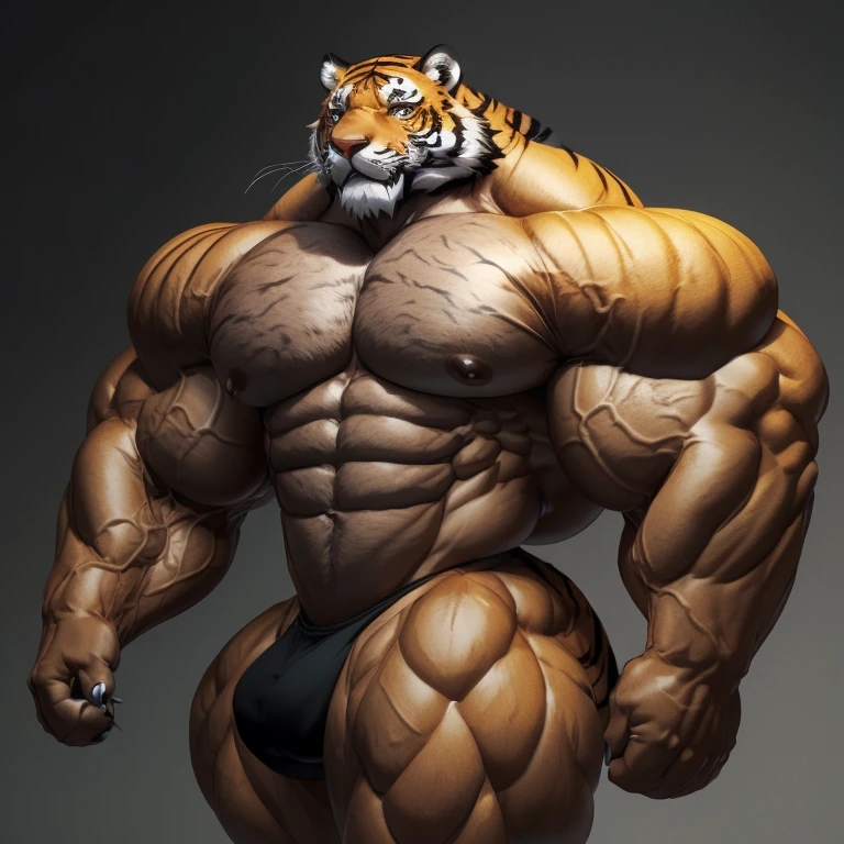 hyper growth, hyper muscles, Bulge, furry growth, A furry man, tiger, shirtless, exaggeratedly huge and muscular, on a gray background