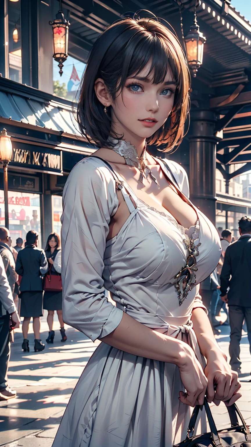 Highest quality, One person, (Skin dentition), (Huge breasts:1.2), (Blur the background:0.6), At a crowded amusement park, (Casual yet stylish, Elegant fabric,fローラl dress:1.5 ), Nice, (short hair:1.5), Soft lighting, Wind, (Front light:1.5), surprised