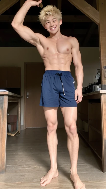 Japanese high school boy、、Well-developed muscles and smooth skin、Pale blonde hair, spiky like Bakugou、Light pink boxer briefs、A full body shot from toes to head、A masculine pose in a dimly lit forest barn、Hero Academy、Open your mouth and smile boldly、looking at the camera