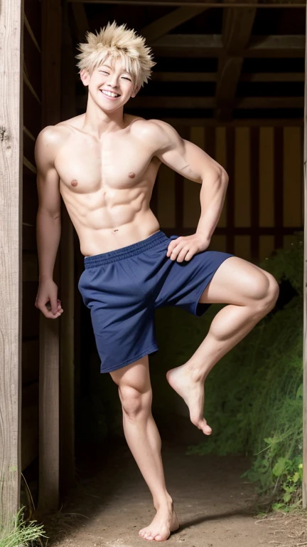 Japanese high school boy、、Well-developed muscles and smooth skin、Pale blonde hair, spiky like Bakugou、Light pink boxer briefs、A full body shot from toes to head、A masculine pose in a dimly lit forest barn、Hero Academy、Open your mouth and smile boldly、looking at the camera