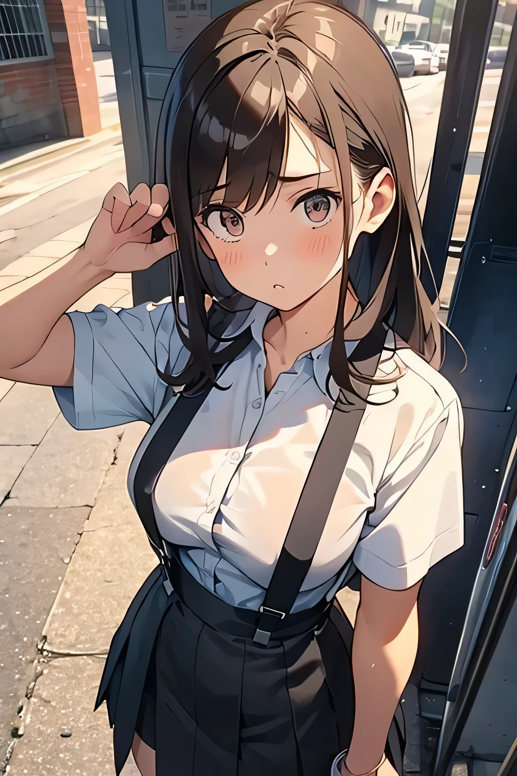 Brown Hair、Staring at the audience Black suspenders bulging big breasts wall: garter sight Small face holster Beautiful woman Show your hand sight Taunt side side汗 arm Dress shirt Black Suit ベルト wall際 Put your hands up Both hands above head Armpit sweat mini skirt