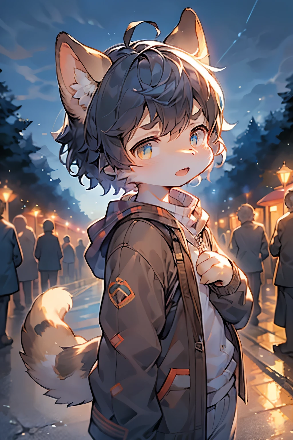 Tortoiseshell cat girl,Characteristics of young children,perfect quality, angry, Standing on the riverside street next to the village, Put your hands on your chest, Looking at the audience, No gloves. short hair blowing in the wind, Simple blue background, low-angle view looking down, a bright flash of lightning.