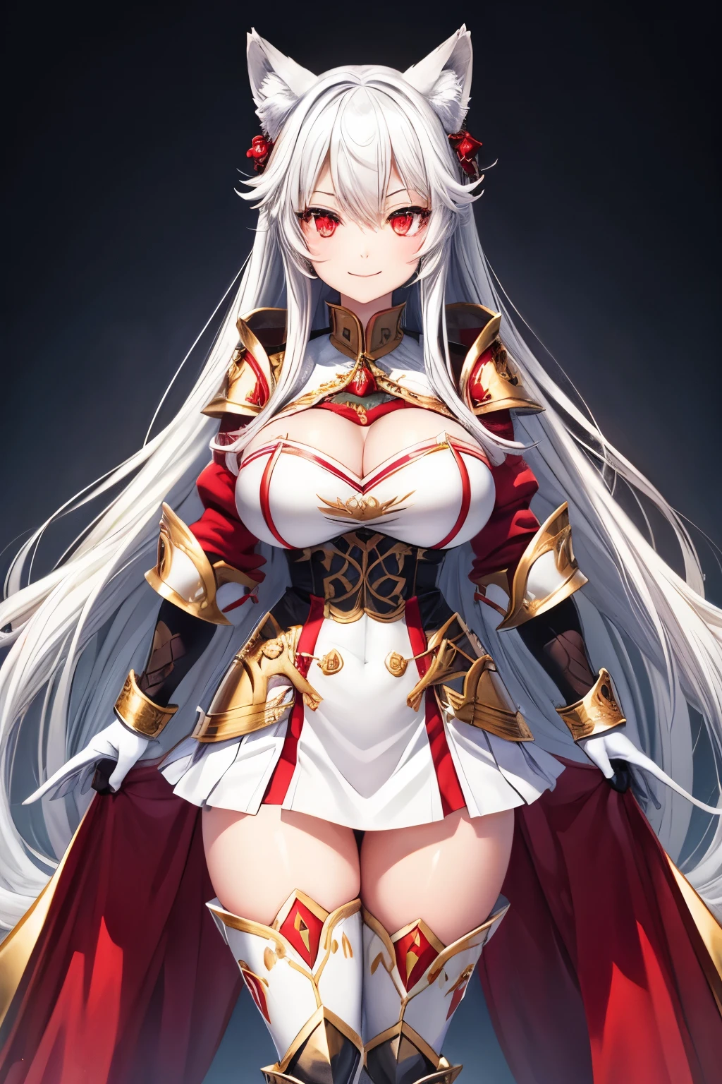 a beautiful girl, white long hair, smiling, wolf ears, red eyes, shiny wolf fullplate armor, big boobs, thighs, thighhighs, anime style, a pose, vtuber pose.