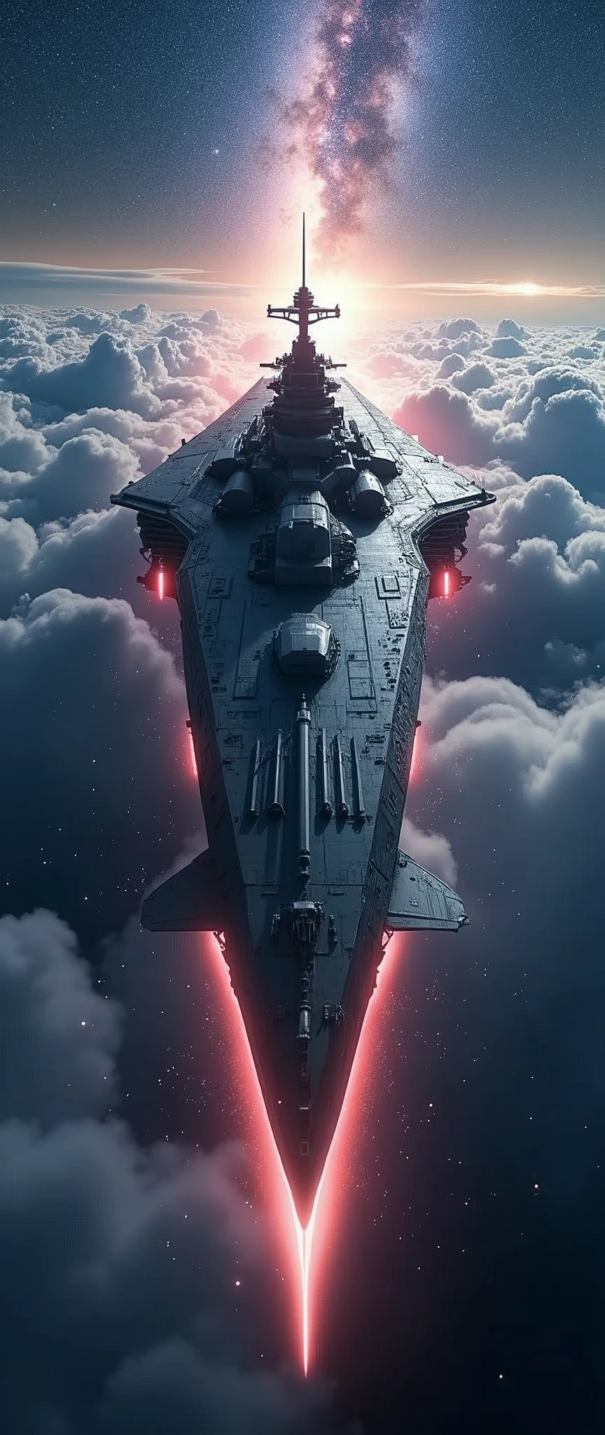 masterpiece,Highest quality,Ultra-high resolution,(Super detailed),8k,wallpaper,Realistic,(DSLR Canon style),BREAK(A battleship-shaped spaceship heads to the galaxy),(The bow emerges from the clouds),(sf:2.0),(A streamlined spaceship inspired by the Yamato Battleship and Star Destroyers.:2.0),(The background is the Milky Way and clouds:2.0),(dynamic,Big impact,front:2.0,Photographed from underneath the spacecraft:2.0),(Beautiful particles of light are emanating from the wave motion engine at the stern:2.0),(Equipped with a wave motion gun at the bow:2.0),(Triple Electron Shock Cannon Turret Equipped),(Triple Electron Shock Cannon Turret Equipped),(Torpedo Launch Tubes Equipped),(Twin Missile Launch Tower Equipped),(Depth Charge Launcher Equipped),(Numerous Anti-Air Pulse Laser Turrets Equipped)