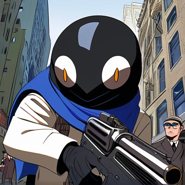 White Spike Lirchin Beetle, Circle Eye, Anteater Mouth, Fez Hat, blue Speedsuit, Black scarf, New York City, by Guillaume Singlin and John Patrick Green\(skchkko\), looking at viewer, angry, frown, holding Uzi Machinegun