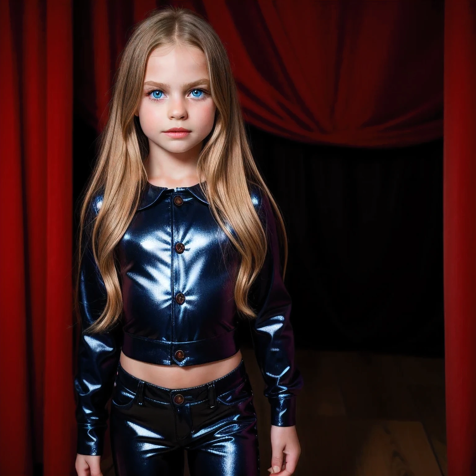 9 years old vampire, dark blue eyes and long blonde hair down to the waist, black with red clothes, shiny thighs, fundo studio 