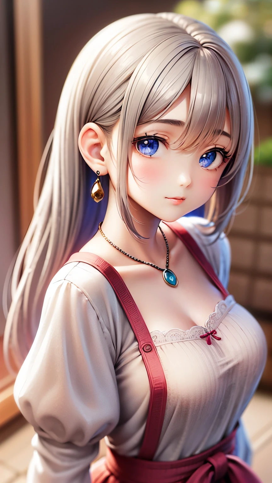 ((Detailed face, Cute Face)), (彼女は白い刺繍の入った長いスカートをyesている, Red blouse with lace, A white apron is tied around her waist, Blue socks, Brown leather shoes, She has a blue scarf wrapped around her head. yes, Her accessories include necklaces., Earrings, bracelet. 1 person)), Ultra-high resolution, (Realistic: 1.4), RAW Photos, Highest quality, (PhotoRealistic Stick), concentrated, Soft Light, ((15 years old)), ((Shiny platinum blonde silky super long straight hair, beautiful shiny bangs, Big clear sky blue eyes, Very beautiful bright eye highlights )), (( (Young Face))), (surface), (Depth of written boundary), masterpiece, (Realistic), woman, bangs, ((1 person))