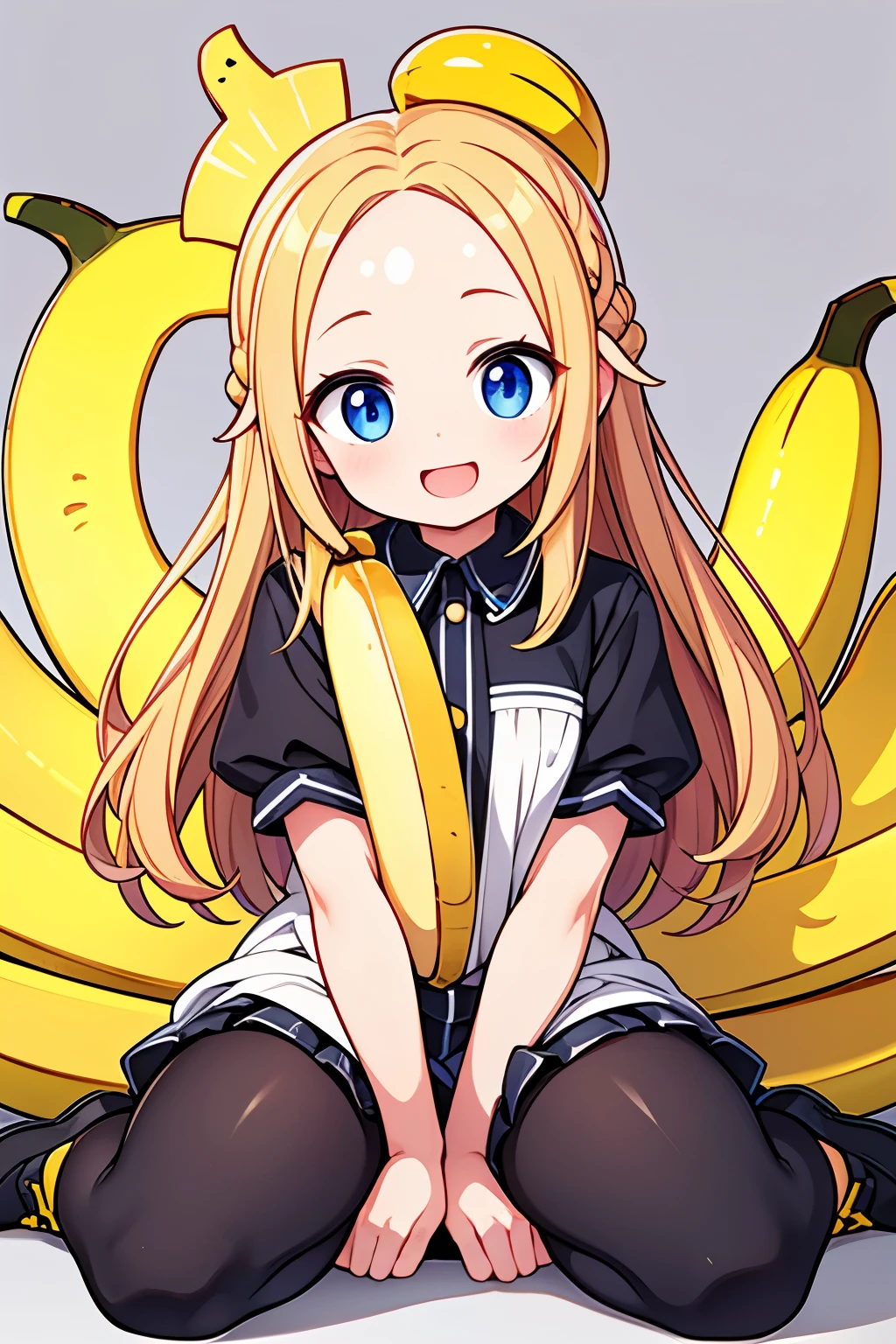 Photorealistic、(whole body、hairpin、A hairstyle that reveals a large forehead、A hairstyle parted in the middle、A banana peel is sitting on top of his head.、Big Laugh)