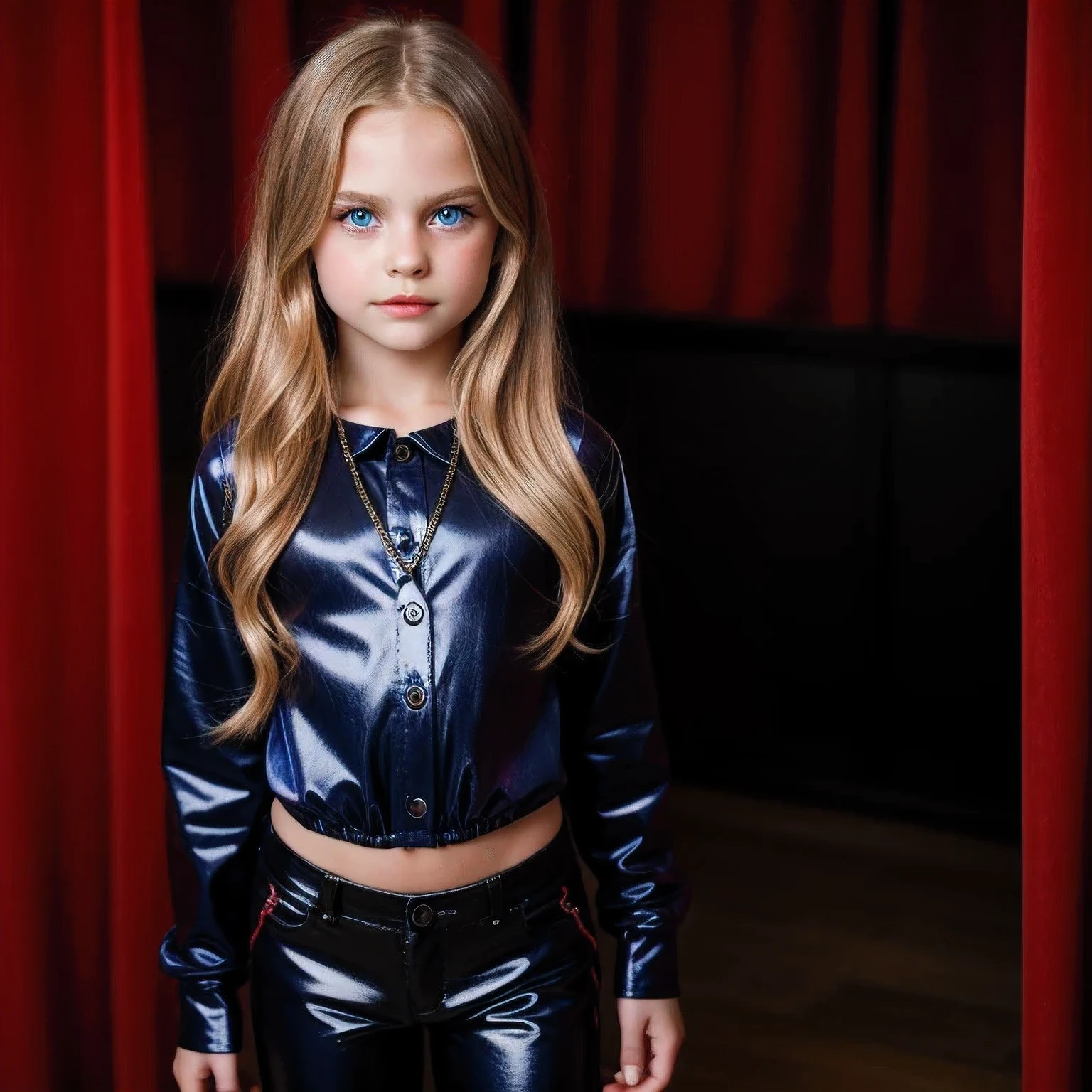 9 years old vampire, dark blue eyes and long blonde hair down to the waist, black with red clothes, shiny thighs, fundo studio 