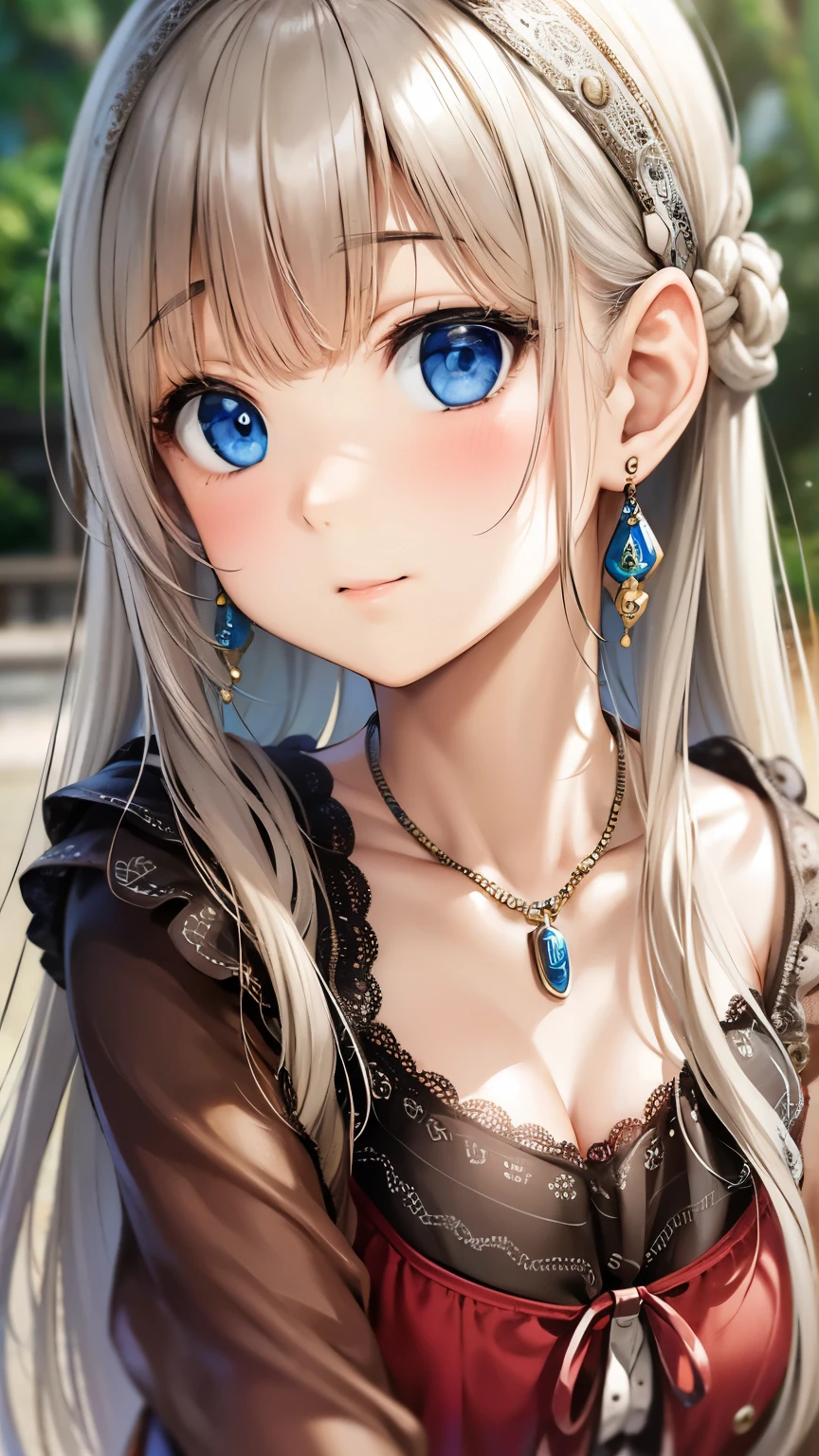 ((Detailed face, Cute Face)), (彼女は白い刺繍の入った長いスカートをyesている, Red blouse with lace, A white apron is tied around her waist, Blue socks, Brown leather shoes, She has a blue scarf wrapped around her head. yes, Her accessories include necklaces., Earrings, bracelet. 1 person)), Ultra-high resolution, (Realistic: 1.4), RAW Photos, Highest quality, (PhotoRealistic Stick), concentrated, Soft Light, ((15 years old)), ((Shiny platinum blonde silky super long straight hair, beautiful shiny bangs, Big clear sky blue eyes, Very beautiful bright eye highlights )), (( (Young Face))), (surface), (Depth of written boundary), masterpiece, (Realistic), woman, bangs, ((1 person))