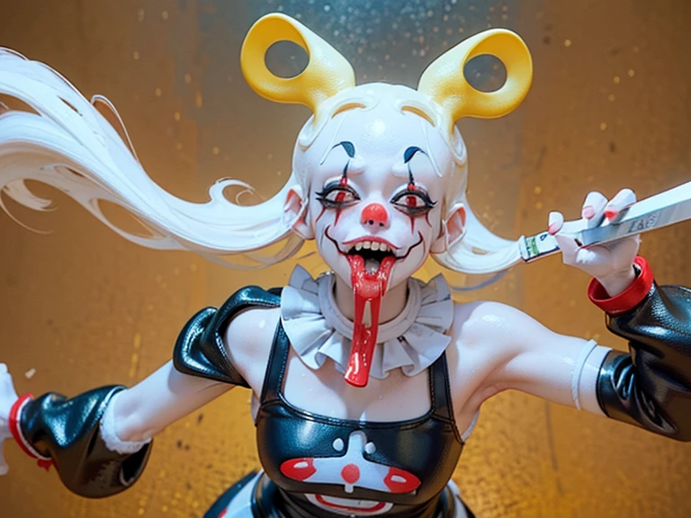(((Foamy in the mouth、Mouth wide open、Drooling))),(Midnight Amusement Park),((Horror taste))、A clown looking up at the sky alone.、Sad expression、((Full body portrait))、He's holding a bloodstained knife.、Anime-style illustrations、Very revealing clothing