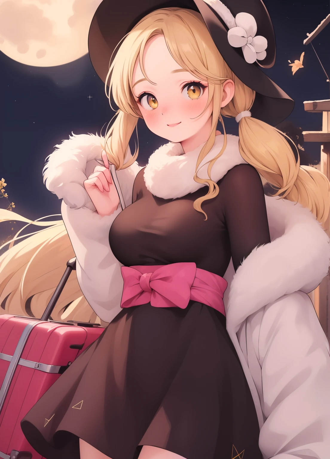 (masterpiece、Highest quality、Highest quality、Official Art、Beautiful and beautiful:1.2)、(One person:1.3)Hatsune Miku、Twin tails,Beautiful breasts, Katsushika Hokusai,Maetel, Long Hair, Blonde,Fur trim, Black Hat, Fur hat, dress,(Cowboy Shot:1.1), Yellow Eyes, (luggage:1.1), vapor (station:1.1),stationのプラットホーム, night, Milky Way,999 Highest quality, Very detailed, masterpiece, Absurd,8k, (Detailed eyes, Deep Eyes),photoRealistic, Realistic,Detailed skin texture, Detailed pupil,High resolution,
1 Female,(Happy:1.1),smile, (Angular face:1.2),Shining Face,Large Breasts, (Tight waist:1.1), Lip Makeup,Long eyelashes