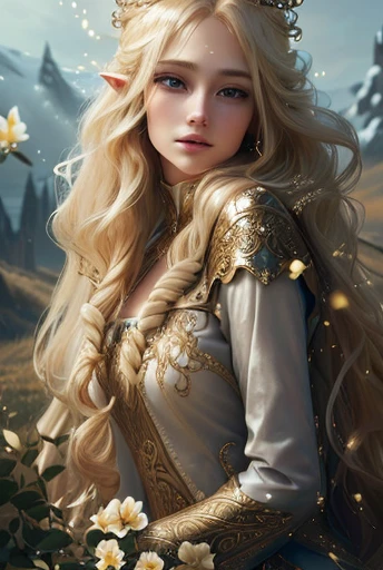 woman with long blonde hair in a dress and crown, richly decorated long flowing blonde hair, ornate long light hair, glorious long light hair, blonde princess, Blonde Elven Empress, Well-thought-out long hairstyle, very beautiful elven top model, beautiful blonde hair, gorgeous woman, beautiful elven princess, blonde flowing hair, long light hair, beautiful blonde