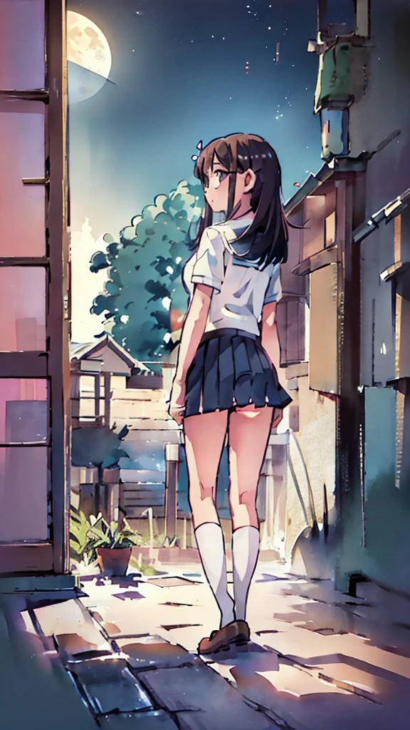 Seaside、Sanctuary、Dazzling Light、Many towers in the distance、Big Moon、metropolis、Tall buildings、Looking up at the stars、water、Midnight、Moon、Blue light、sky、sea、Nsfw、masterpiece, high quality, 4K, HDR,, Stable Diffusion prompt:  schoolgirl with short、brown hair and red-framed glasses, wearing a white blouse and navy skirt, white panties visible, navy socks and brown loafers, in a state of arousal and trembling with sexual climax,simple illustration style, In a nichijou (everyday life) Setting Image generation AI model used: Stable Diffusion (eleet- model)

id: i2