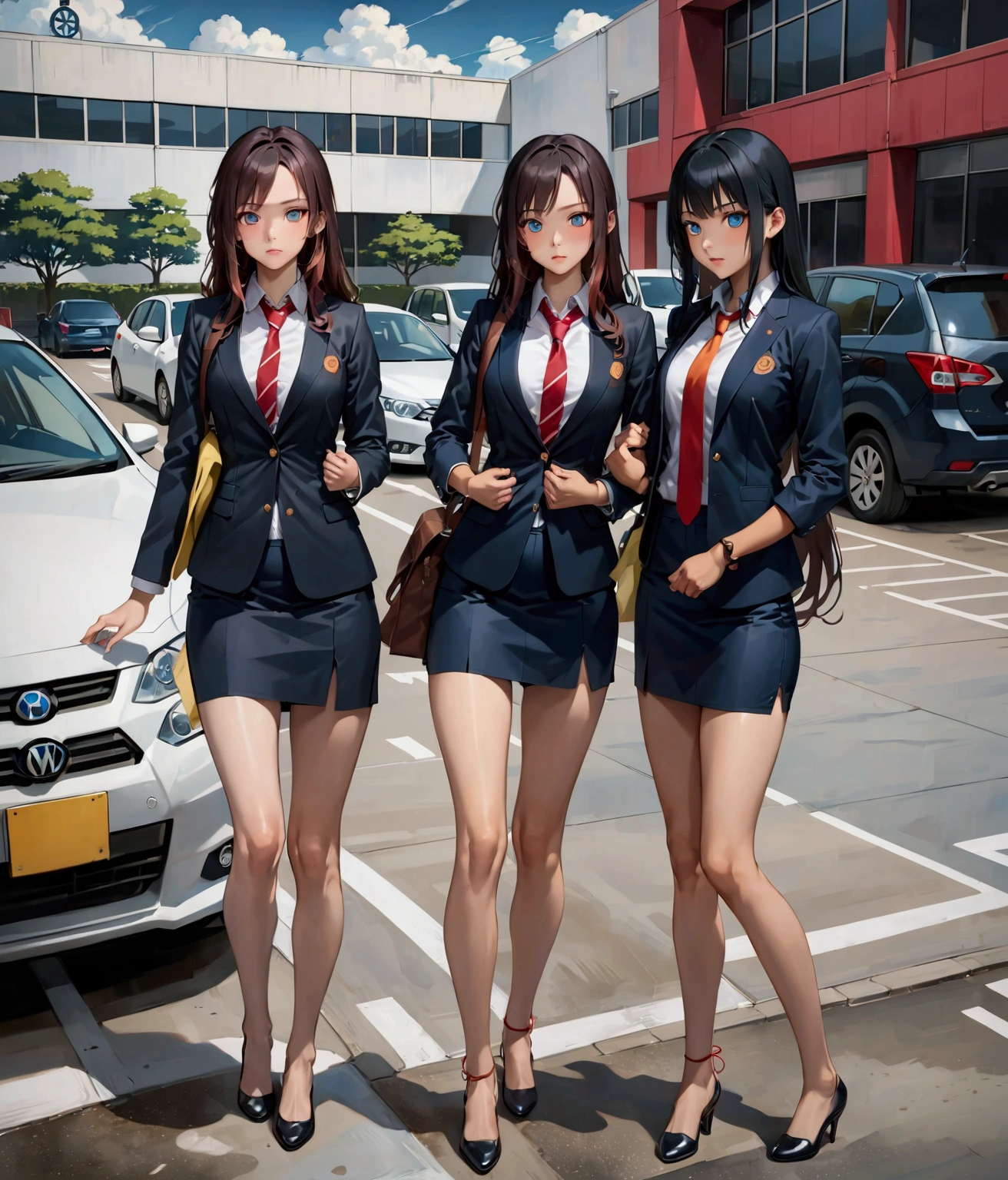 realistic anime illustration of 2 beautiful business academic student girls on parking lots, they have black long hair with forehead , they wear dark navy-blue blazers, white shirts inside, orange-red neckties, dark navy-blue pencil skirts, and black short heels, (2girls, full body), (masterpiece, best quality, japanese anime style), (expressive eyes, perfect face)